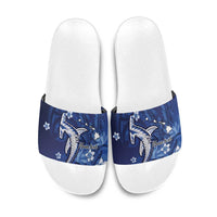 Personalized Hawaiian Maori Hammerhead Shark Slide Sandals Polu Plumeria LT9 Blue - Polynesian Pride