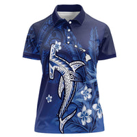 Personalized Hawaiian Maori Hammerhead Shark Women Polo Shirt Polu Plumeria LT9 Female Blue - Polynesian Pride