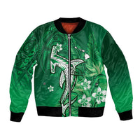 Personalized Hawaiian Maori Hammerhead Shark Bomber Jacket Omaomao Plumeria LT9 Unisex Green - Polynesian Pride