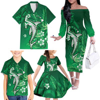 Personalized Hawaiian Maori Hammerhead Shark Family Matching Off The Shoulder Long Sleeve Dress and Hawaiian Shirt Omaomao Plumeria - Polynesian Pride