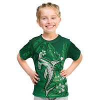 Personalized Hawaiian Maori Hammerhead Shark Kid T Shirt Omaomao Plumeria LT9 Green - Polynesian Pride