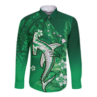 Personalized Hawaiian Maori Hammerhead Shark Long Sleeve Button Shirt Omaomao Plumeria LT9 Unisex Green - Polynesian Pride