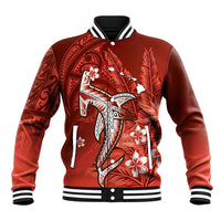 Personalized Hawaiian Maori Hammerhead Shark Baseball Jacket Ulaula Plumeria LT9 Unisex Red - Polynesian Pride