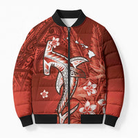 Personalized Hawaiian Maori Hammerhead Shark Bomber Puffer Jacket Ulaula Plumeria LT9 Unisex Red - Polynesian Pride