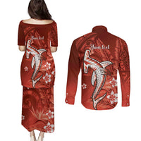 Personalized Hawaiian Maori Hammerhead Shark Couples Matching Puletasi and Long Sleeve Button Shirt Ulaula Plumeria LT9 - Polynesian Pride