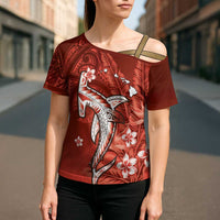 Personalized Hawaiian Maori Hammerhead Shark Cross Shoulder Shirt Ulaula Plumeria LT9 - Polynesian Pride