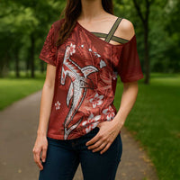 Personalized Hawaiian Maori Hammerhead Shark Cross Shoulder Shirt Ulaula Plumeria LT9 - Polynesian Pride