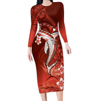 Personalized Hawaiian Maori Hammerhead Shark Family Matching Long Sleeve Bodycon Dress and Hawaiian Shirt Ulaula Plumeria - Polynesian Pride