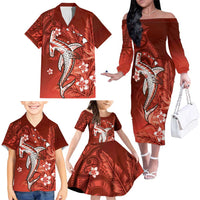 Personalized Hawaiian Maori Hammerhead Shark Family Matching Off The Shoulder Long Sleeve Dress and Hawaiian Shirt Ulaula Plumeria - Polynesian Pride