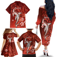 Personalized Hawaiian Maori Hammerhead Shark Family Matching Off The Shoulder Long Sleeve Dress and Hawaiian Shirt Ulaula Plumeria - Polynesian Pride