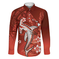 Personalized Hawaiian Maori Hammerhead Shark Family Matching Off The Shoulder Long Sleeve Dress and Hawaiian Shirt Ulaula Plumeria