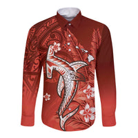 Personalized Hawaiian Maori Hammerhead Shark Long Sleeve Button Shirt Ulaula Plumeria LT9 Unisex Red - Polynesian Pride
