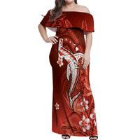 Personalized Hawaiian Maori Hammerhead Shark Off Shoulder Maxi Dress Ulaula Plumeria LT9 Women Red - Polynesian Pride