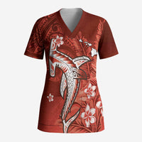 Personalized Hawaiian Maori Hammerhead Shark Scrub Top Ulaula Plumeria LT9 Adult Red - Polynesian Pride
