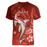 Personalized Hawaiian Maori Hammerhead Shark Women V-Neck T-Shirt Ulaula Plumeria LT9 - Polynesian Pride