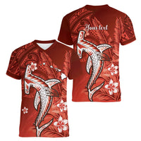 Personalized Hawaiian Maori Hammerhead Shark Women V-Neck T-Shirt Ulaula Plumeria LT9 - Polynesian Pride