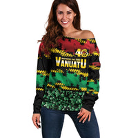 Vanuatu 46th Year Anniversary Off Shoulder Sweater 30 July 1980 Hibiscus Seamless Pattern LT9 Women Black - Polynesian Pride