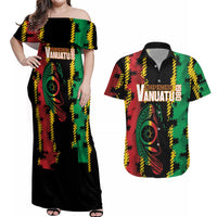 Vanuatu 46th Year Anniversary Couples Matching Off Shoulder Maxi Dress and Hawaiian Shirt Tamtam Slit Drums Long God Yumi Stanap