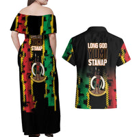 Vanuatu 46th Year Anniversary Couples Matching Off Shoulder Maxi Dress and Hawaiian Shirt Tamtam Slit Drums Long God Yumi Stanap