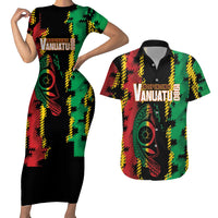 Vanuatu 46th Year Anniversary Couples Matching Short Sleeve Bodycon Dress and Hawaiian Shirt Tamtam Slit Drums Long God Yumi Stanap