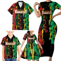 Vanuatu 46th Year Anniversary Family Matching Short Sleeve Bodycon Dress and Hawaiian Shirt Tamtam Slit Drums Long God Yumi Stanap