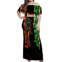 Vanuatu 46th Year Anniversary Off Shoulder Maxi Dress Tamtam Slit Drums Long God Yumi Stanap LT9 Women Black - Polynesian Pride