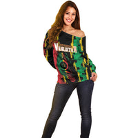 Vanuatu 46th Year Anniversary Off Shoulder Sweater Tamtam Slit Drums Long God Yumi Stanap LT9 - Polynesian Pride