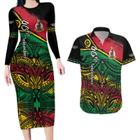 Vanuatu 46th Year Anniversary Couples Matching Long Sleeve Bodycon Dress and Hawaiian Shirt Vintage Grunge Vanuatu Flag Heritage