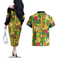 Hawaii Kanaka Maoli Hibiscus Couples Matching Off The Shoulder Long Sleeve Dress and Hawaiian Shirt Hawaiian Flag Motif