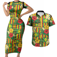 Hawaii Kanaka Maoli Hibiscus Couples Matching Short Sleeve Bodycon Dress and Hawaiian Shirt Hawaiian Flag Motif LT9 Green - Polynesian Pride