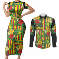 Hawaii Kanaka Maoli Hibiscus Couples Matching Short Sleeve Bodycon Dress and Long Sleeve Button Shirt Hawaiian Flag Motif LT9 Green - Polynesian Pride