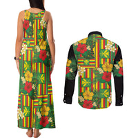 Hawaii Kanaka Maoli Hibiscus Couples Matching Tank Maxi Dress and Long Sleeve Button Shirt Hawaiian Flag Motif