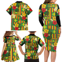 Hawaii Kanaka Maoli Hibiscus Family Matching Long Sleeve Bodycon Dress and Hawaiian Shirt Hawaiian Flag Motif LT9 Mom's Dress Green - Polynesian Pride