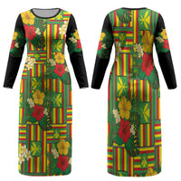 Hawaii Kanaka Maoli Hibiscus Family Matching Long Sleeve Bodycon Dress and Hawaiian Shirt Hawaiian Flag Motif LT9 Mom's Dress Green - Polynesian Pride