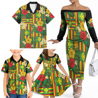 Hawaii Kanaka Maoli Hibiscus Family Matching Off The Shoulder Long Sleeve Dress and Hawaiian Shirt Hawaiian Flag Motif LT9 - Polynesian Pride