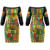 Hawaii Kanaka Maoli Hibiscus Family Matching Off The Shoulder Long Sleeve Dress and Hawaiian Shirt Hawaiian Flag Motif LT9 Mom's Dress Green - Polynesian Pride