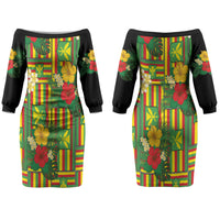 Hawaii Kanaka Maoli Hibiscus Family Matching Off The Shoulder Long Sleeve Dress and Hawaiian Shirt Hawaiian Flag Motif LT9 Mom's Dress Green - Polynesian Pride