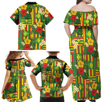 Hawaii Kanaka Maoli Hibiscus Family Matching Off Shoulder Maxi Dress and Hawaiian Shirt Hawaiian Flag Motif LT9 Mom's Dress Green - Polynesian Pride
