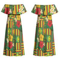 Hawaii Kanaka Maoli Hibiscus Family Matching Off Shoulder Maxi Dress and Hawaiian Shirt Hawaiian Flag Motif LT9 Mom's Dress Green - Polynesian Pride
