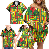 Hawaii Kanaka Maoli Hibiscus Family Matching Off Shoulder Short Dress and Hawaiian Shirt Hawaiian Flag Motif