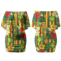 Hawaii Kanaka Maoli Hibiscus Family Matching Off Shoulder Short Dress and Hawaiian Shirt Hawaiian Flag Motif LT9 Mom's Dress Green - Polynesian Pride