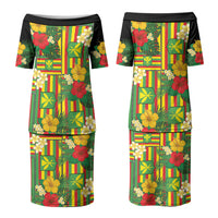 Hawaii Kanaka Maoli Hibiscus Family Matching Puletasi and Hawaiian Shirt Hawaiian Flag Motif LT9 Mom's Dress Green - Polynesian Pride