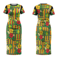 Hawaii Kanaka Maoli Hibiscus Family Matching Short Sleeve Bodycon Dress and Hawaiian Shirt Hawaiian Flag Motif LT9 Mom's Dress Green - Polynesian Pride