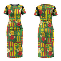 Hawaii Kanaka Maoli Hibiscus Family Matching Short Sleeve Bodycon Dress and Hawaiian Shirt Hawaiian Flag Motif LT9 Mom's Dress Green - Polynesian Pride