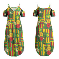 Hawaii Kanaka Maoli Hibiscus Family Matching Summer Maxi Dress and Hawaiian Shirt Hawaiian Flag Motif LT9 Mom's Dress Green - Polynesian Pride