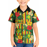 Hawaii Kanaka Maoli Hibiscus Kid Hawaiian Shirt Hawaiian Flag Motif LT9 Kid Green - Polynesian Pride