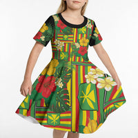 Hawaii Kanaka Maoli Hibiscus Kid Short Sleeve Dress Hawaiian Flag Motif LT9 - Polynesian Pride