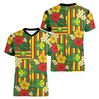 Hawaii Kanaka Maoli Hibiscus Women V-Neck T-Shirt Hawaiian Flag Motif