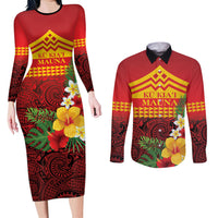 Hawaii Ku Kia'i Mauna Personalized Couples Matching Long Sleeve Bodycon Dress and Long Sleeve Button Shirt Hibiscus Kakau Pattern LT9 Red - Polynesian Pride