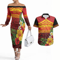 Hawaii Ku Kia'i Mauna Personalized Couples Matching Off The Shoulder Long Sleeve Dress and Hawaiian Shirt Hibiscus Kakau Pattern LT9 Red - Polynesian Pride
